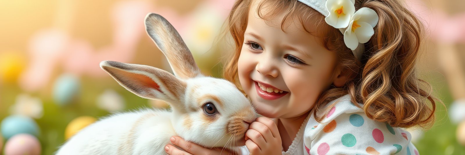 Young girl joyfully playing with a fluffy bunny in a vibrant spring garden with colorful eggs